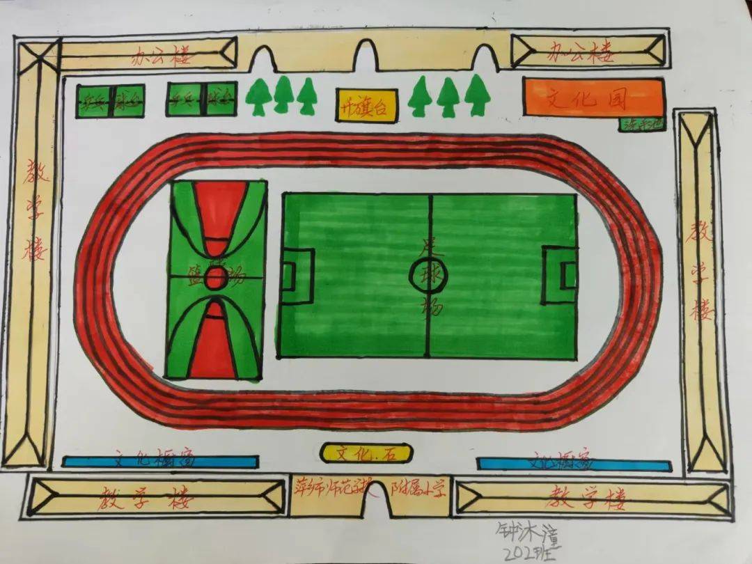在孩子们的设计中,学校的操场除了标准的跑道和足球场,还有彩色的篮球