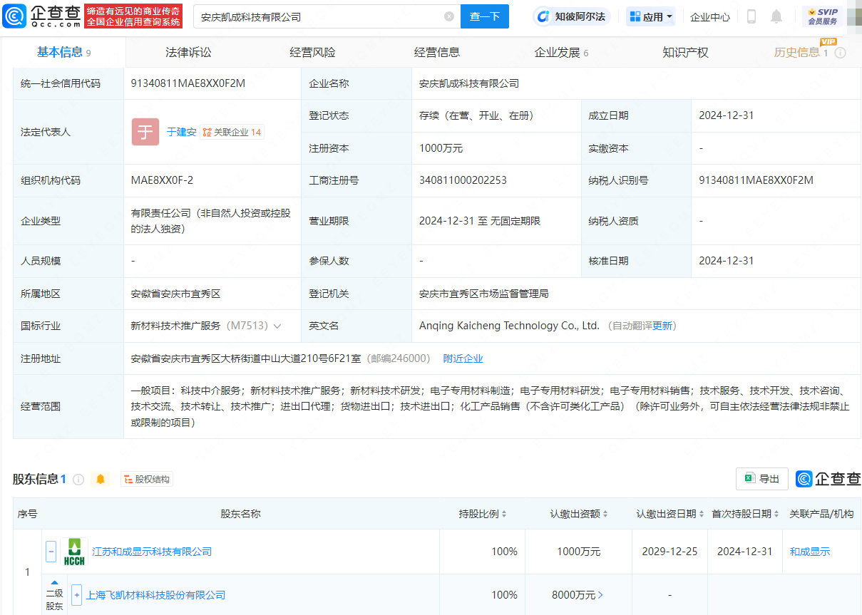 飞凯材料成立科技新公司，含电子专用材料研发业务