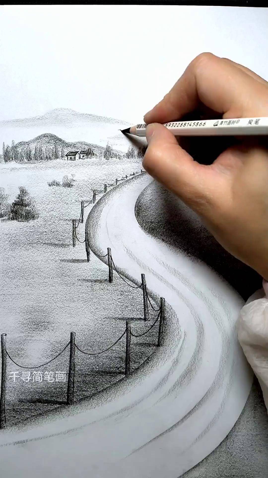 简单画家乡的小风景炭笔画炭笔风景画