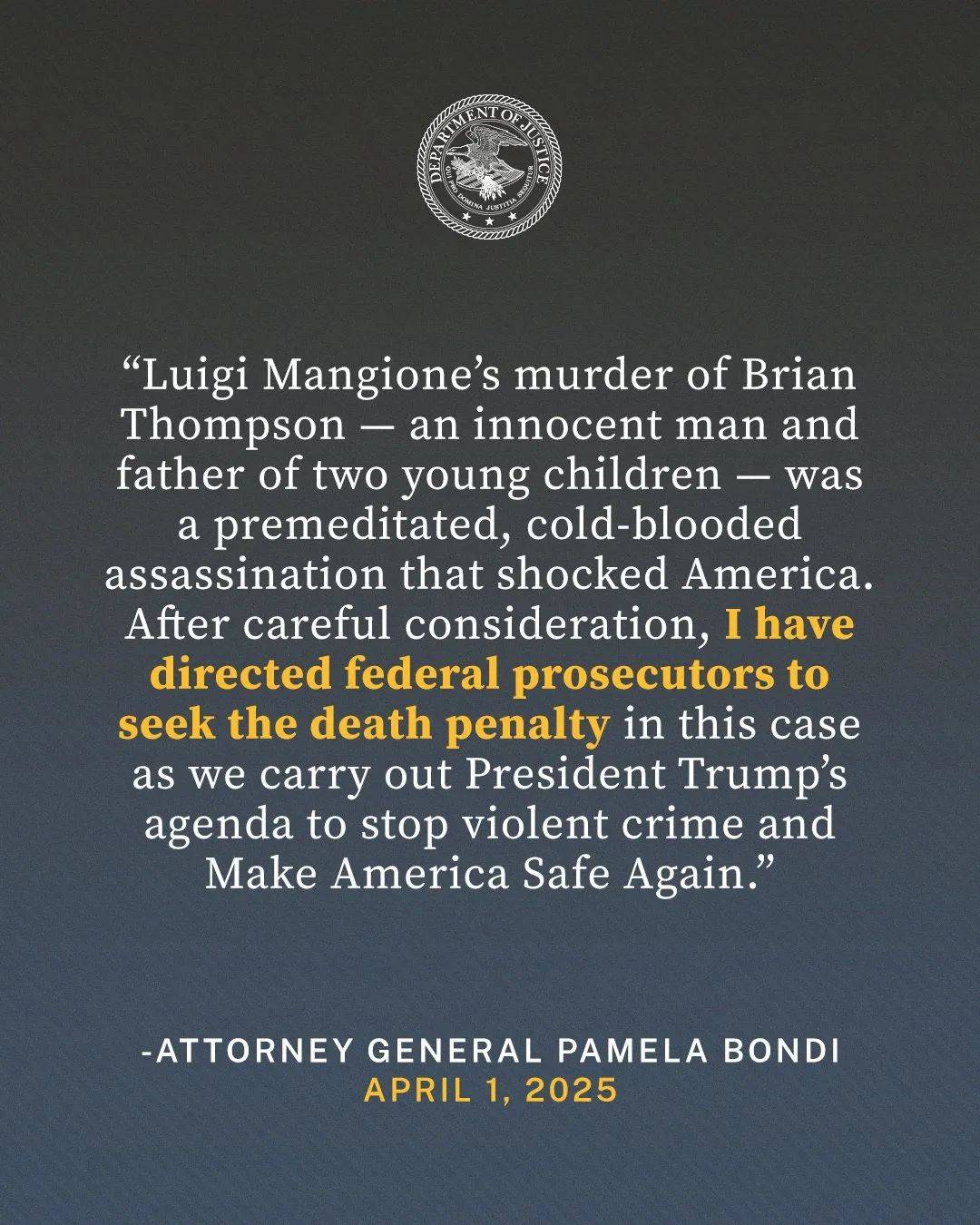 美国司法部长正在启动程序希望判处 luigi mangione 死刑