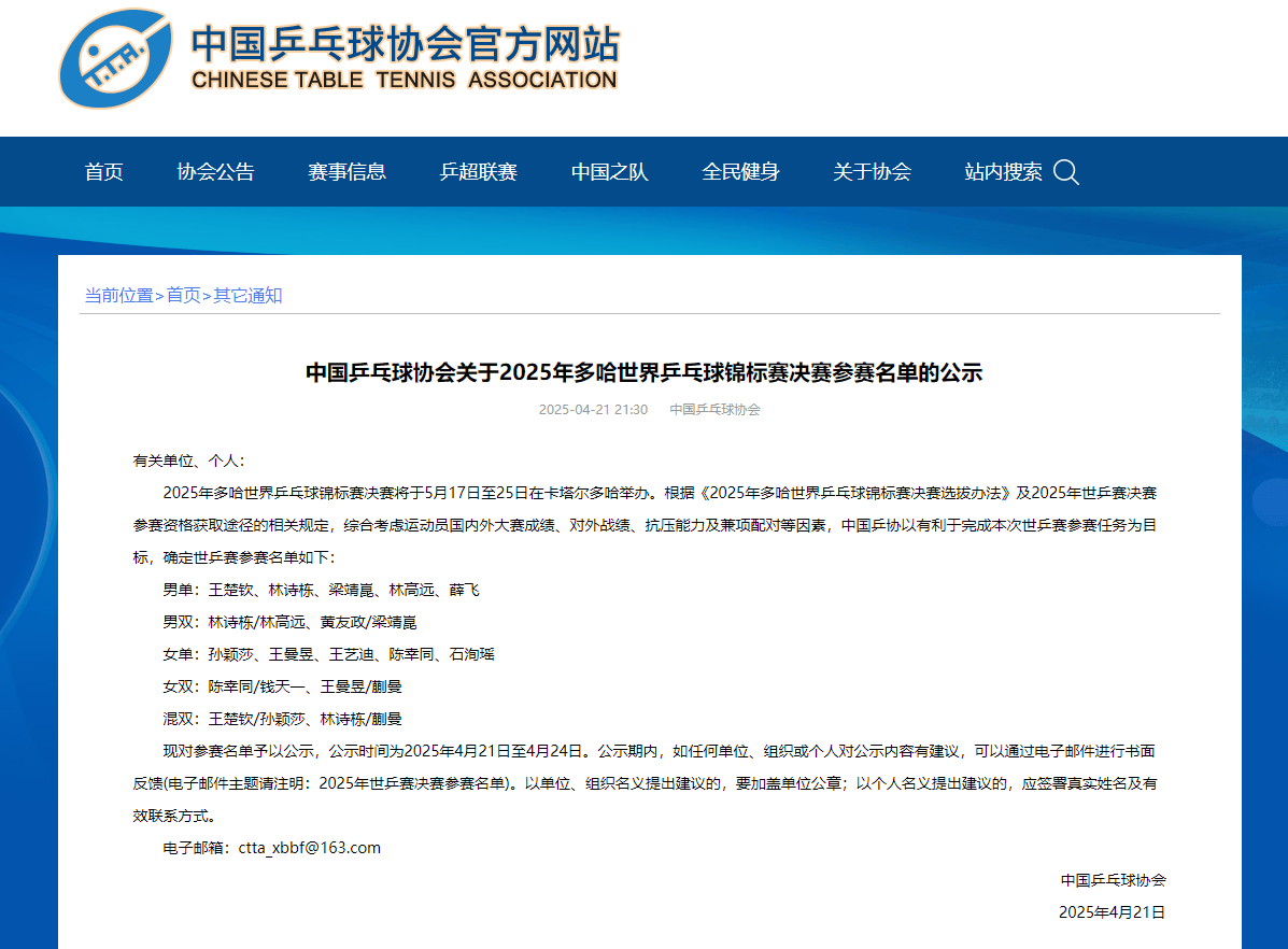 2025年多哈世乒赛：中国乒乓球队名单揭晓，三位奥运冠军缺席