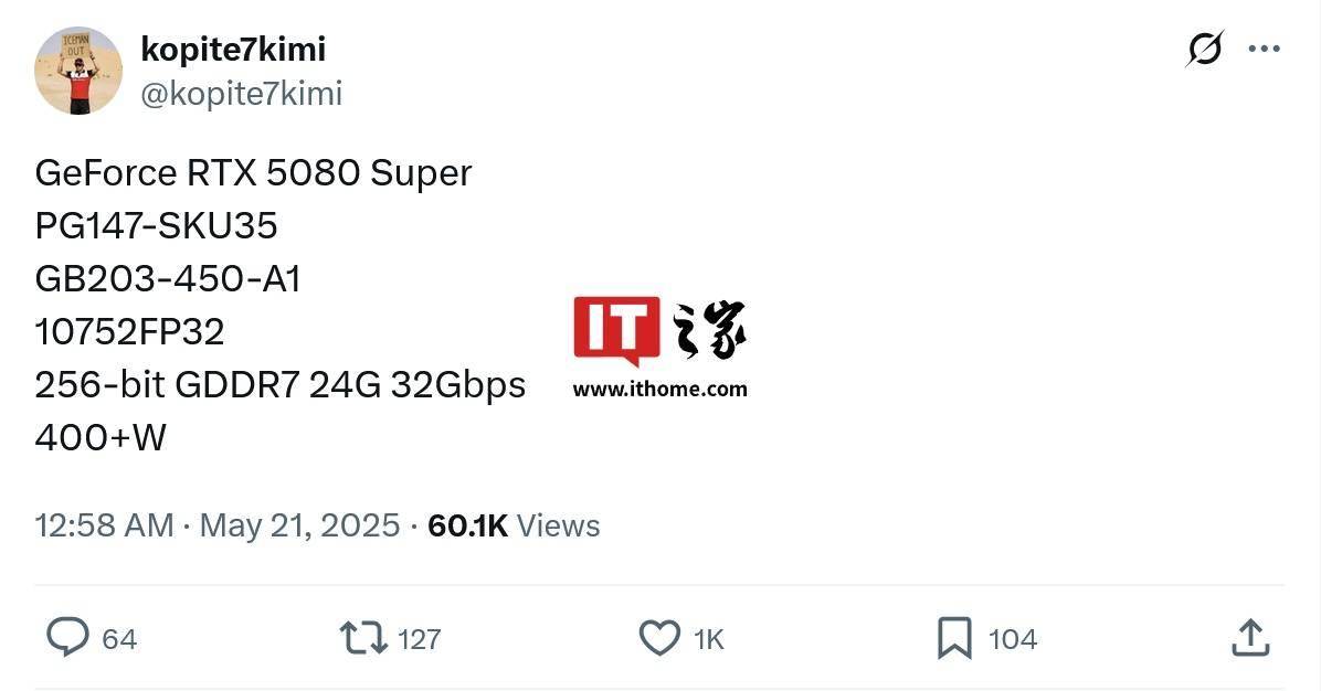 更多更快显存，英伟达 GeForce RTX 5080 SUPER 显卡规格曝光