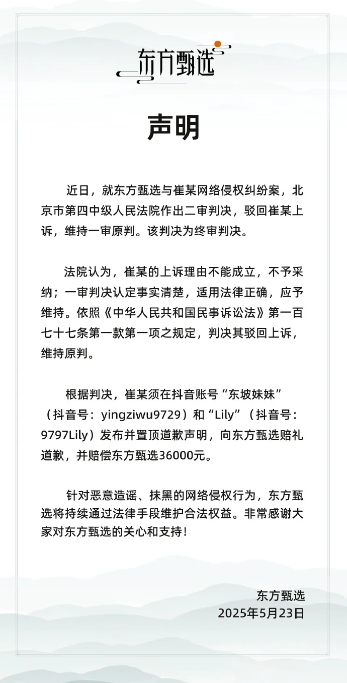 东方甄选网络侵权案终审胜诉 崔某被判赔偿36000元并公开道歉