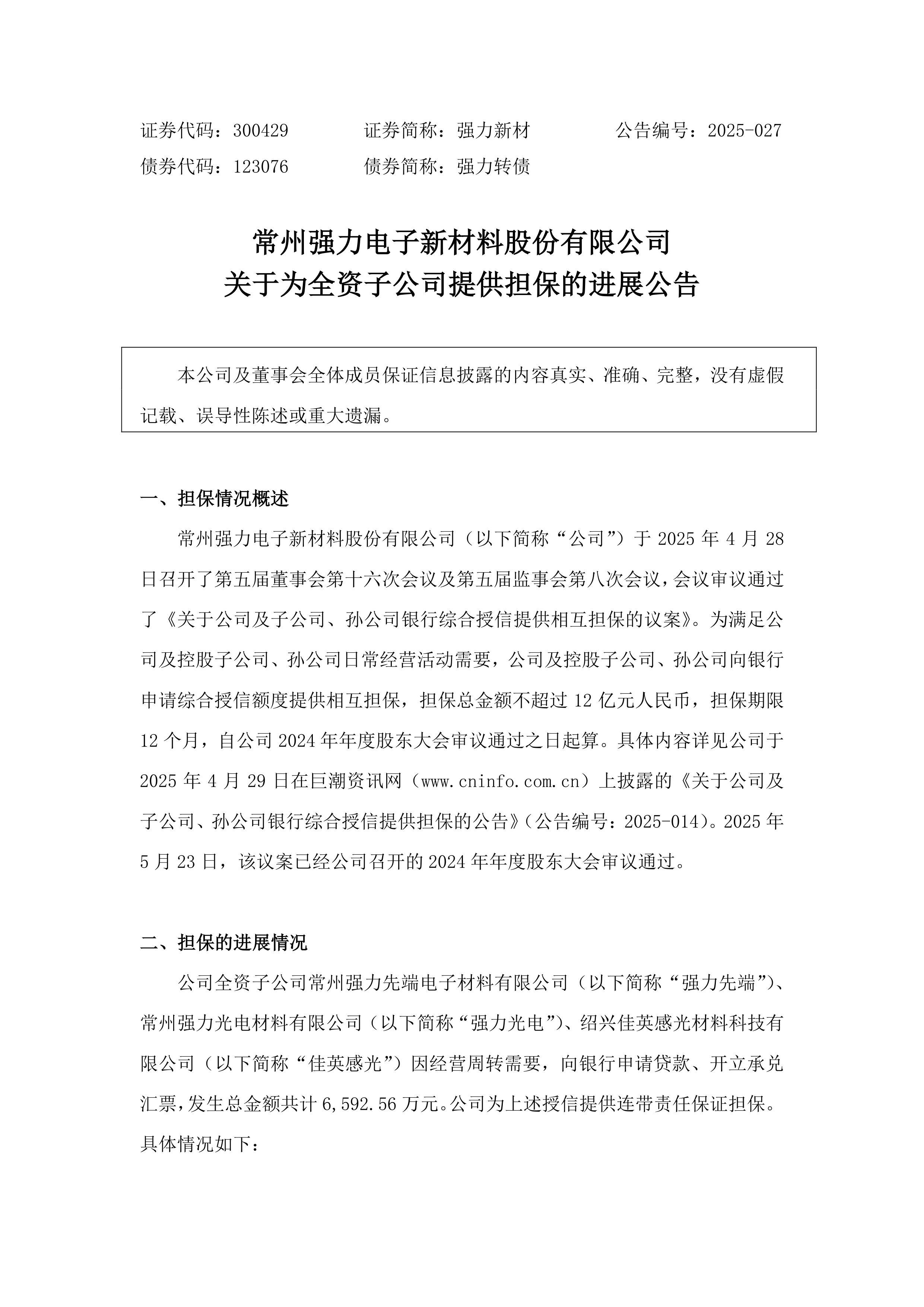 港股-强力新材-关于为全资子公司提供担保的进展公告