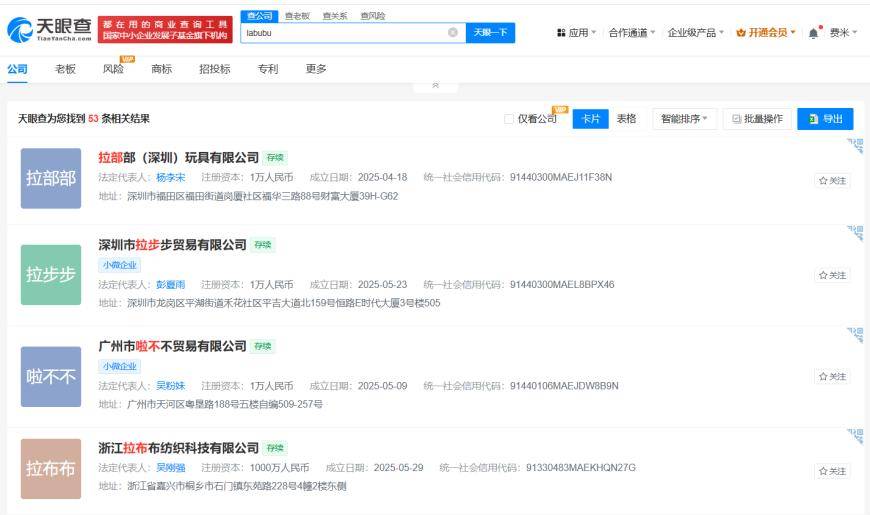 labubu有多火？今年50余家新公司用labubu谐音命名 啦布布啦卟卟拉部部被注册为公司名 商家抢注Labubu谐音公司名 labubu谐音商标已成功注册