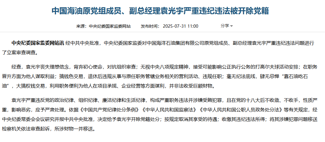 中国海油原副总经理袁光宇严重违纪违法被开除党籍