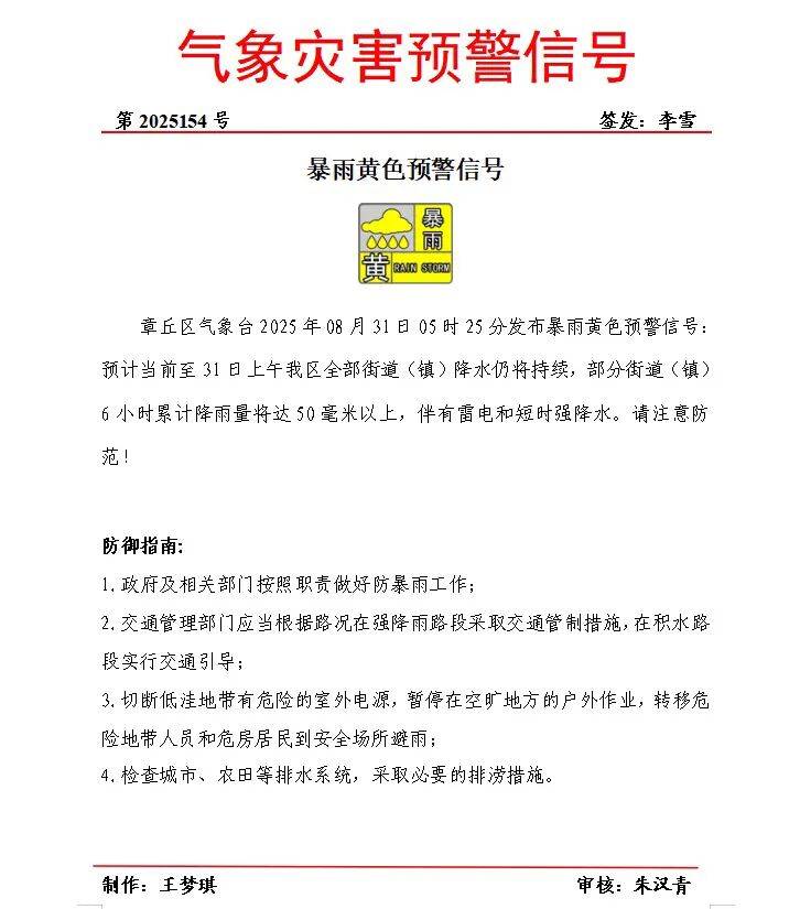章丘发布暴雨黄色预警
