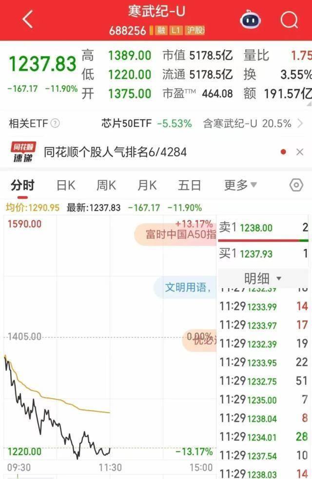 寒武纪股价一度大跌13%，市值蒸发超694亿元