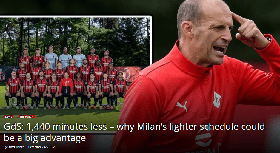 【米体】米兰无需分心欧战杯赛 24小时体能差碾压争冠对手