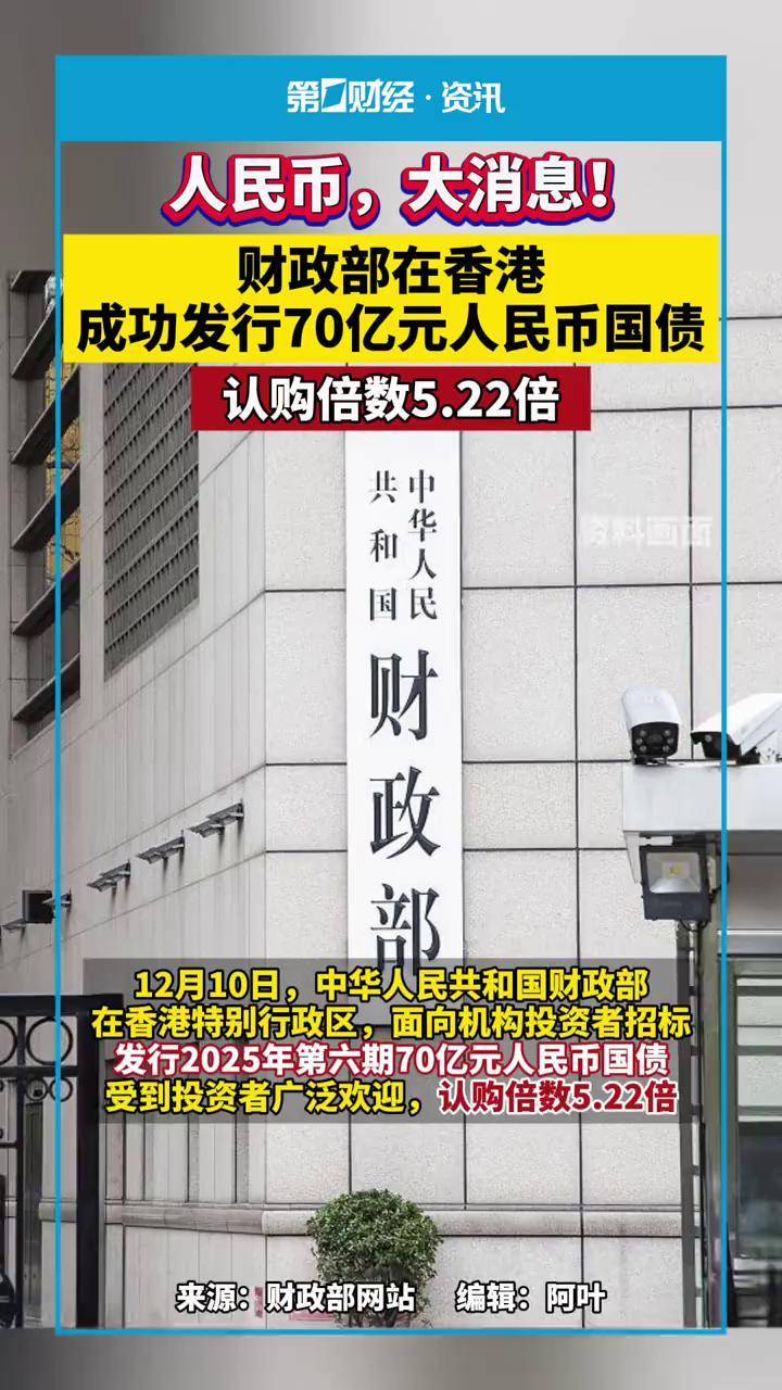 人民币，大消息！财政部在香港成功发行70亿元人民币国债，认购倍数5.22倍_搜狐网