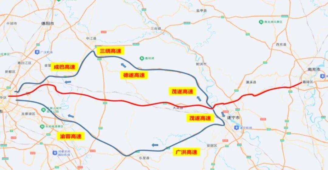或经s53茂遂高速→s40广洪高速→g5013渝蓉高速前往