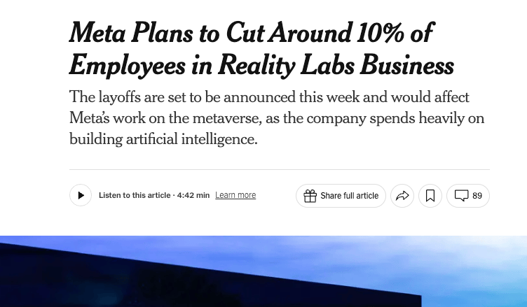 元宇宙遇冷？Meta将裁减Reality Labs部门10%岗位