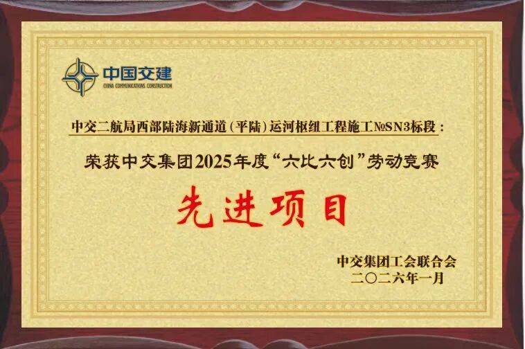 平陆运河马道枢纽项目荣获中交集团劳动竞赛先进项目