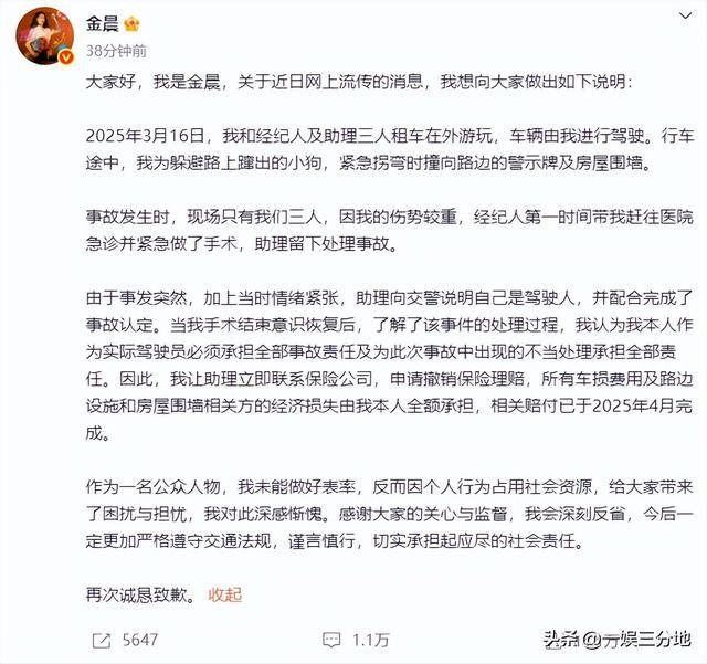 金晨晒满脸血迹的照片道歉,逃逸事件真相大白,却坐实另一个丑闻