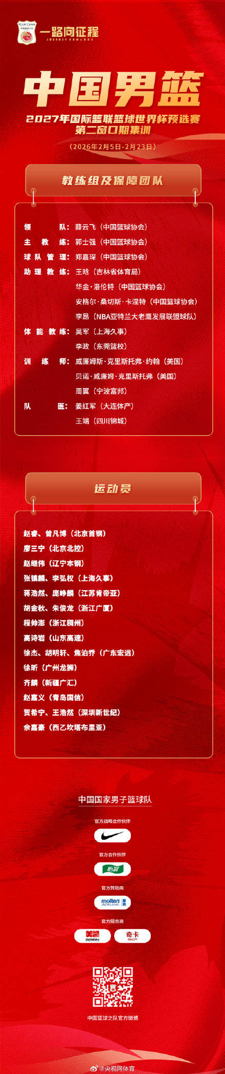 中国男篮公布21人集训名单