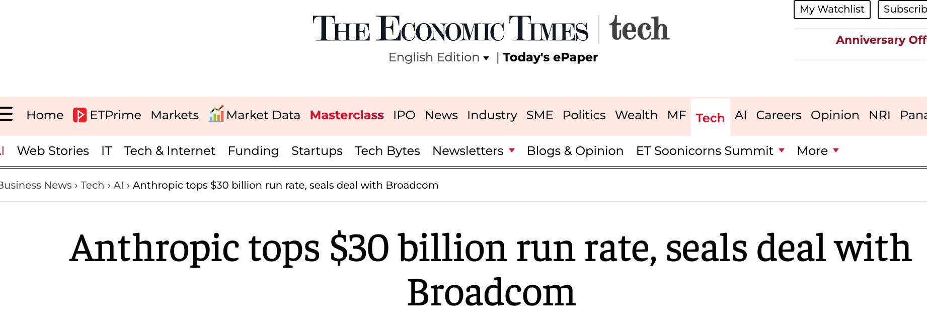 Anthropic宣布年化营收超300亿 并确认将与博通和谷歌深度合作