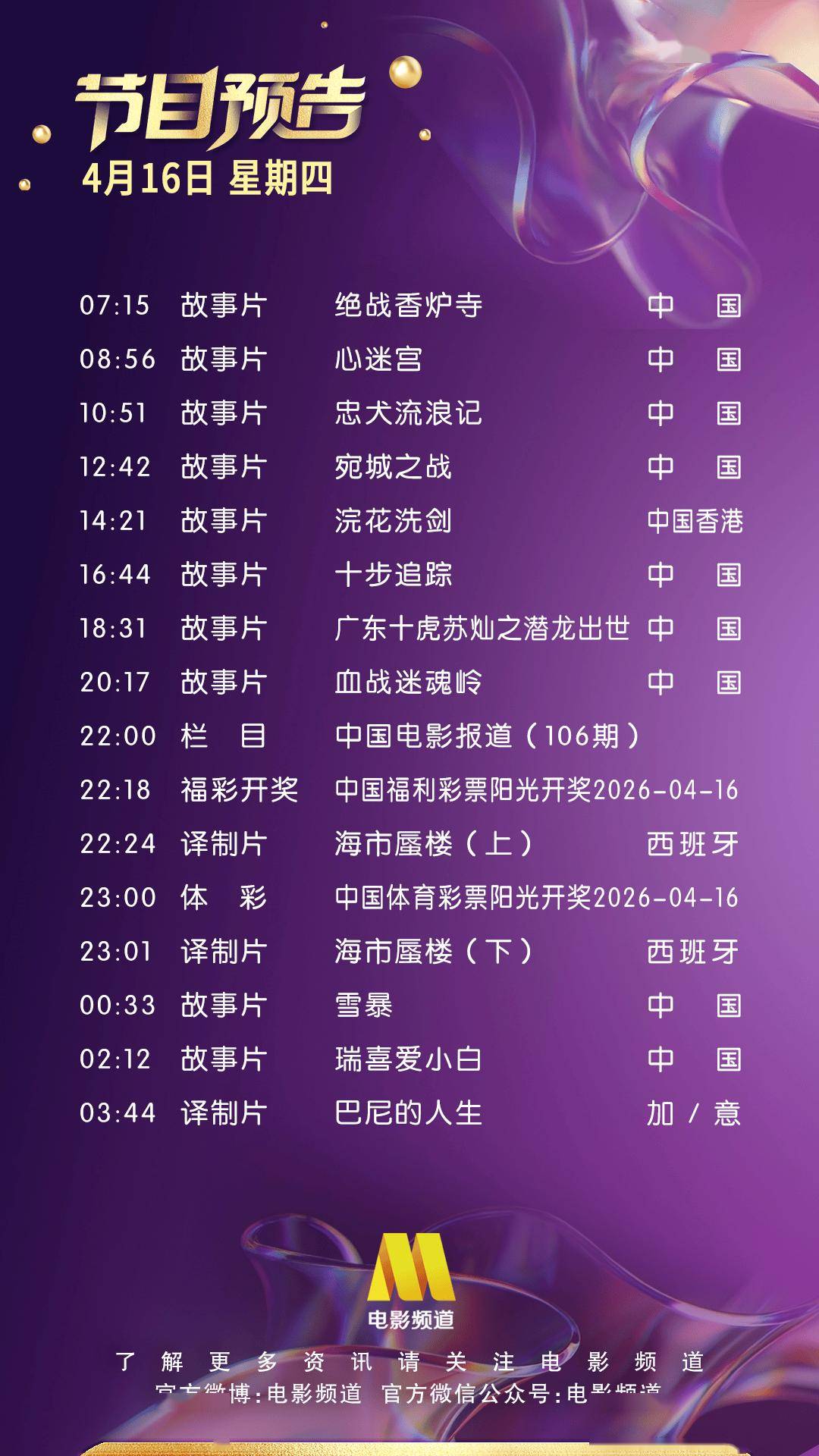 4月16日（星期四）CCTV6节目预告封面图