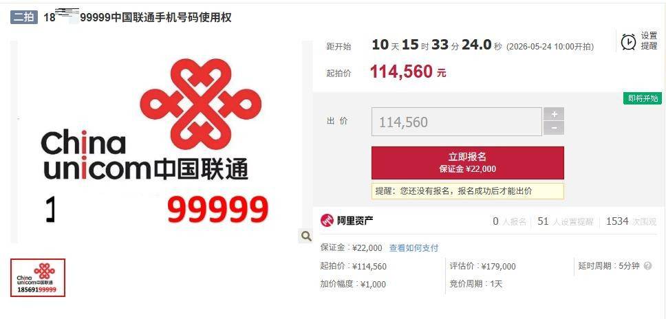 尾號“99999”手機號二次拍賣：11.4萬余元起拍，需預存2萬元，每月低消699元，千余人圍觀尚無人報名