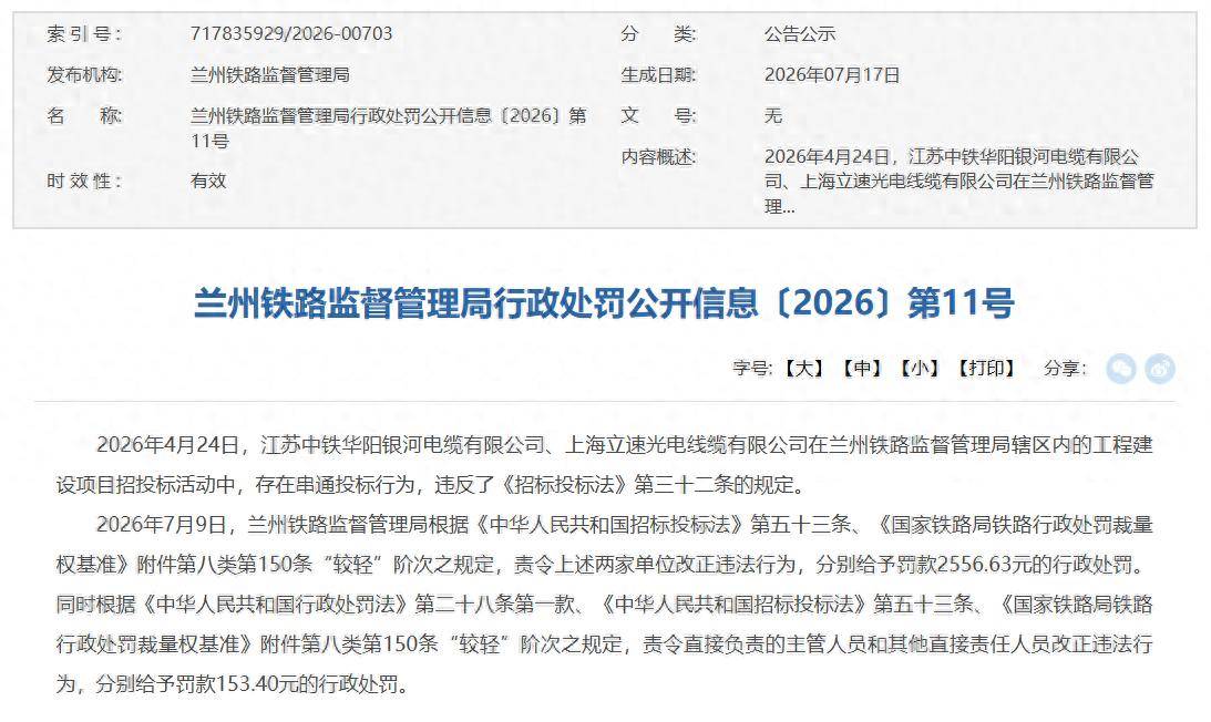 中铁华阳银河电缆、上海立速光电线缆被罚 串通铁路项目投标(图1) 文章配图-1