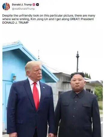 特朗普发与金正恩旧照，称“尽管我们表情严肃，但相处融洽”