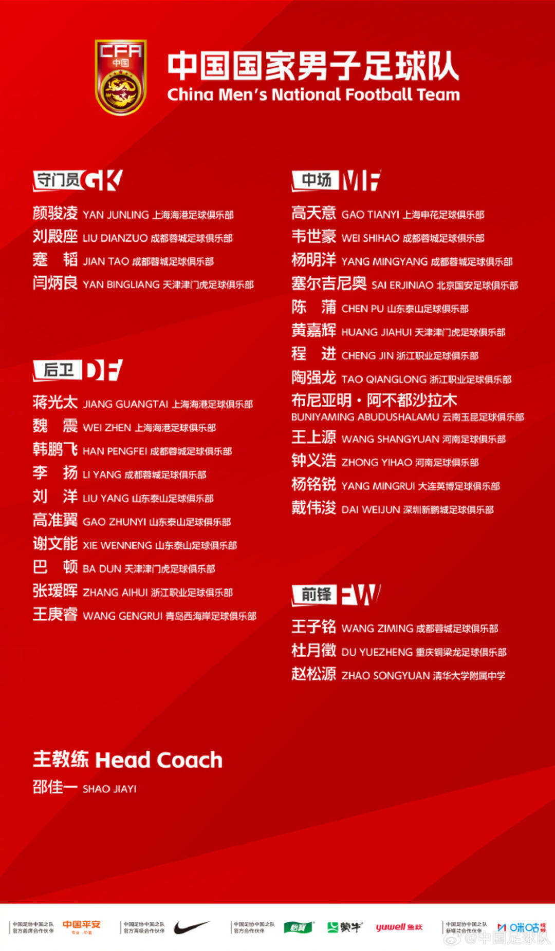 中国男足公布集训名单：蓉城成“国脚大户” 清华附中高中生赵松源“跳级”入选